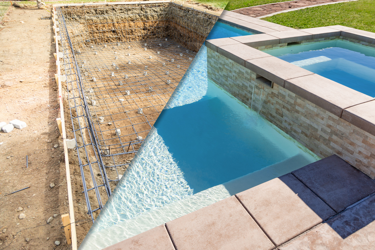 Vorher- Nachhervergleich eines Pools wärend und nach der Fertigstellung