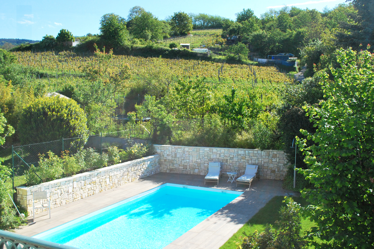 Pool in einem Garten, der von Weinbergen umgeben ist bei Sonnenschein
